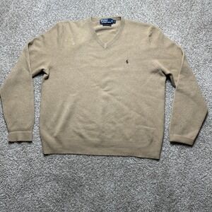 Polo Ralph Lauren Sweater Men's Large Tan 100% Lambswool V Neck Brown Pony VTG